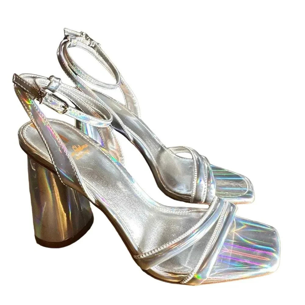 Sam Edelman Strappy Block Heel Sandals 6.5 Wedding Bridal Silver Holographic Kia
